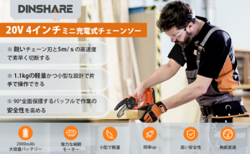 【Amazon にて15%OFF！低騒音・低振動ミニチェーンソー】7580円のDINSHARE 20V 4インチミニ電動チェーンソーを町中の切断作業にお使い！のサブ画像1