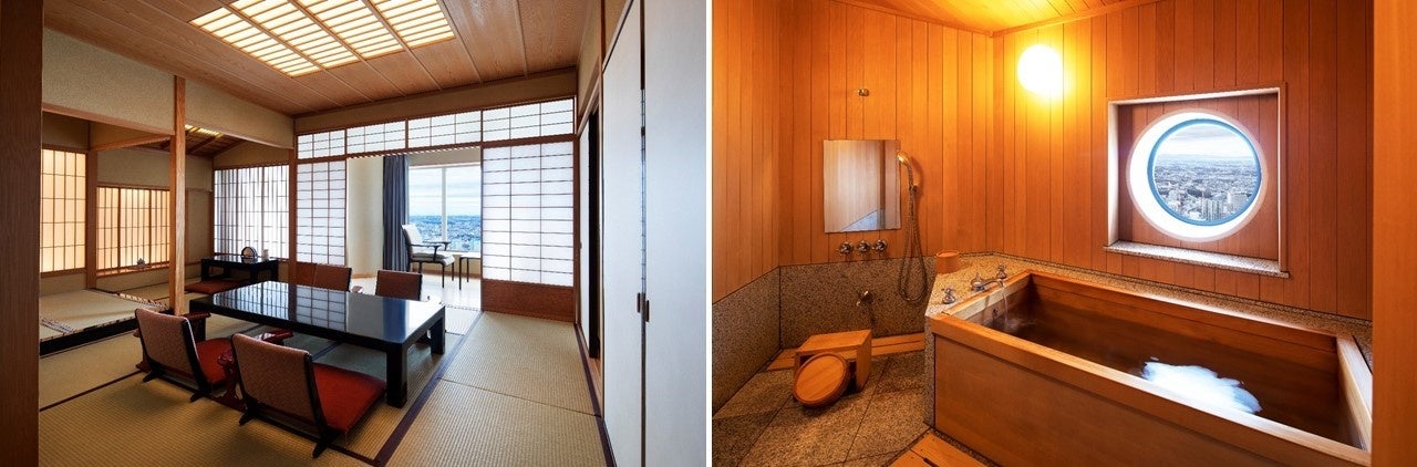 目玉は限定1袋50万円の福袋！横浜ロイヤルパークホテル「2023新春福袋」のサブ画像5_スカイリゾートフロア「ザ・クラブ」和室スイート　左）居間　右）お風呂