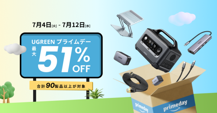 【UGREEN】 Amazonビッグセール『プライムデー』にて、7月4日（火）からUGREENが充電器から新作のポータブル電源まで90製品以上を最大51％OFFで販売のメイン画像