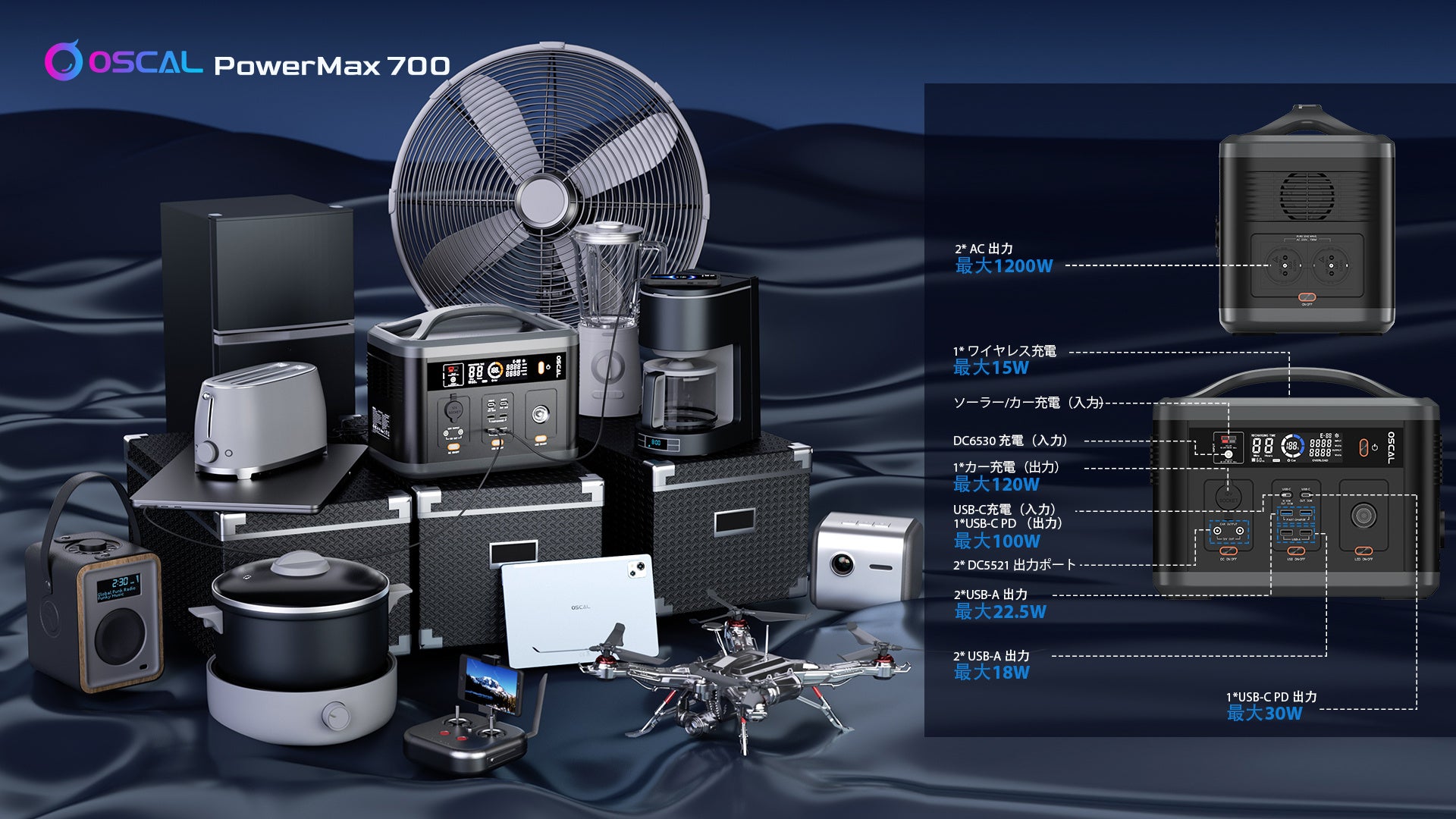 ポータブル電源「OSCAL PowerMax700」を5%オフで購入可能（7/9まで）大容量蓄電池/非常用電源/アウトドア/700W/666Wh/50Hz・60Hz対応/PSE認証済/SOSライト付きのサブ画像3
