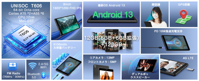 UAUU(ユアユー) T30pro初登場Android 13 8インチタブレット1920* 1200 IPSディスプレイ顔認証 Widevine L1対応のメイン画像