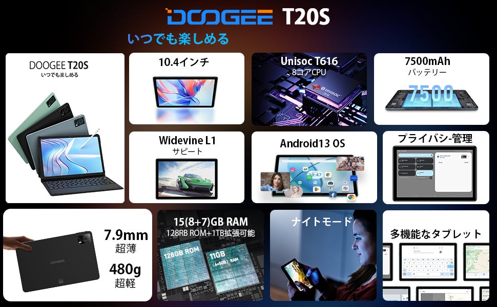 【Amazon新品登場】DOOGEE T20S　タブレット 15GB+128GB/Unisoc T616 8コアCPU/10.4インチ 2Kディスプレイ/4G LTE通話のサブ画像2