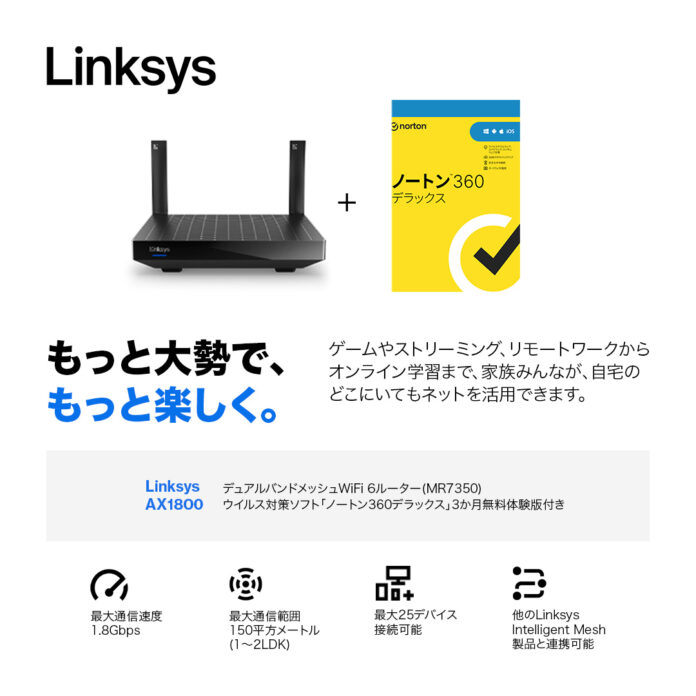 【週末特価】ブラックフライデーまでもう待てない！Linksys MR7350-JP-N WiFi 6 AX1800 メッシュWiFi対応ルーター大放出！のメイン画像