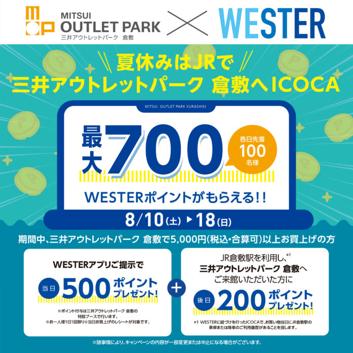 【三井アウトレットパーク 倉敷 × JR西日本連携】最大でWESTERポイントが700ポイントもらえるキャンペーン&踏切事故防止啓発イベント開催！！のメイン画像