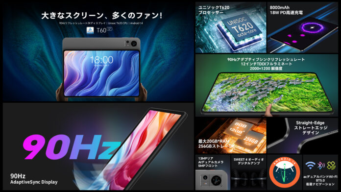 新品登場！Teclast上位Android 14タブレット「T60」アップグレード版発売！12インチ、90Hzのリフレッシュレートでよりスムーズな視覚体験をGET！のメイン画像
