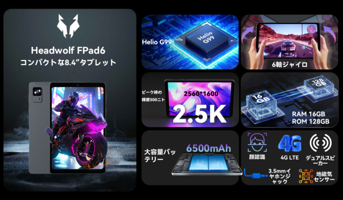 Headwolfコンパクトな8.4inchタブレット「FPad6」発売予定！2.5Kディスプレイ、6,500mAhバッテリー、期間限定超安価19,999円で入手可能！のメイン画像