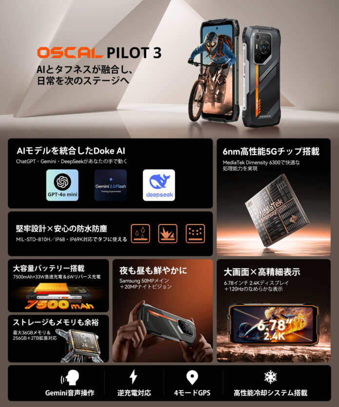 世界初のAI搭載5Gタフネススマホ『OSCAL Pilot3』――約3.6万円で手に入る革新モデルのメイン画像