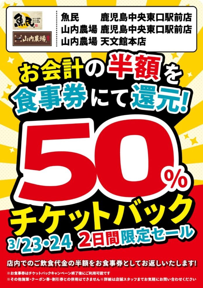 鹿児島県の「魚民 鹿児島中央東口駅前店」「山内農場 鹿児島中央東口駅前店」「山内農場 天文館本店」の3店舗限定で日頃の感謝を込めて2日間限定の“半額チケットバックキャンペーン”を開催します！のメイン画像