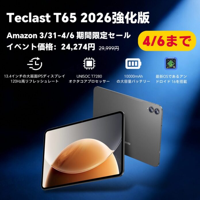 【19％OFF】2026強化版13インチ大型タブレット「Teclast T65 256GB」が大特価｜通常29,999円→24,274円の期間限定セール /26GB+256GB/10000mAhのメイン画像
