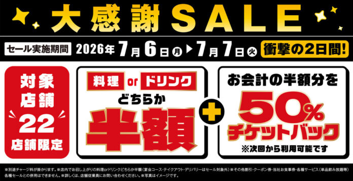 対象の22店舗で日頃の感謝を込めて“大感謝セール”を開催！2026年7月6日（月）～7月7日（火）の2日間限定で“料理”または“ドリンク”半額！ さらに“半額チケットバック”キャンペーン”も同時開催！のメイン画像