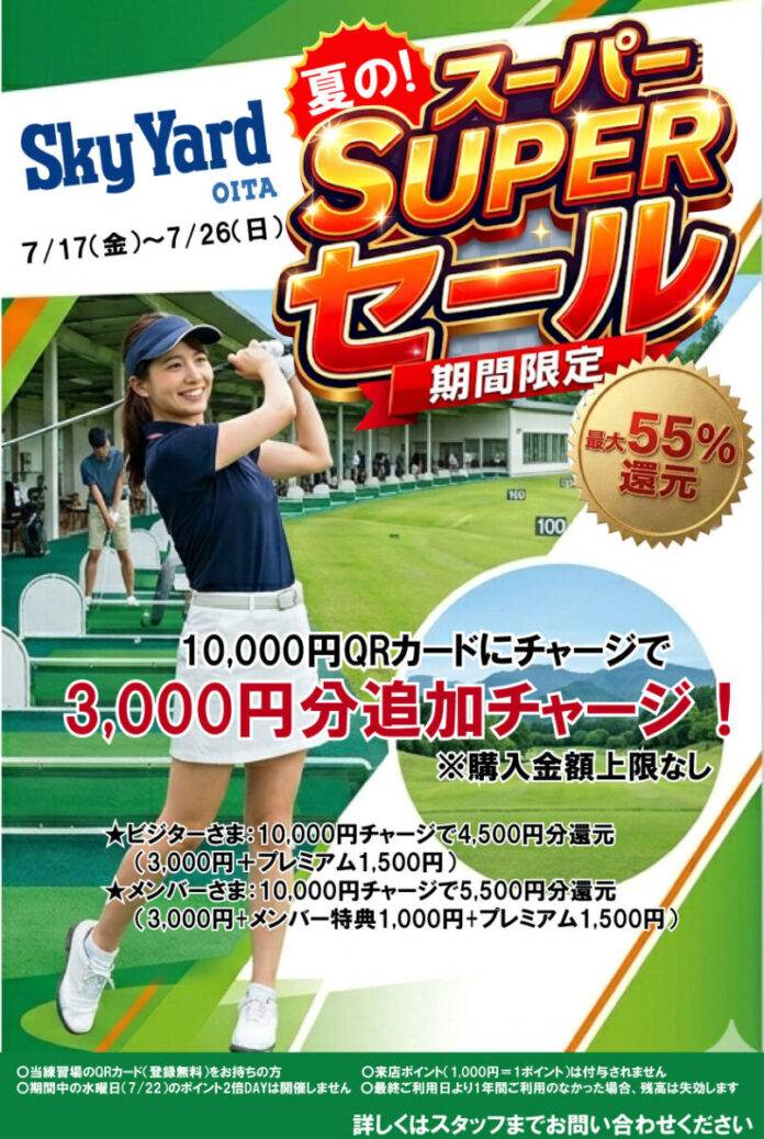 全打席トラックマンレンジ完備の「スカイヤード大分ゴルフ練習場」が、最大55％還元の『夏の！スーパーセール』を7月17日(金)より10日間限定で開催！のメイン画像
