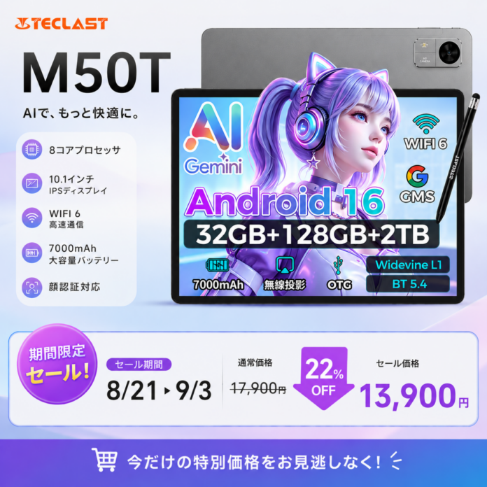 【13900円ゲット】Teclast Android16 タブレット『M50T』を期間限定の低価格でお得に購入可能！ Amazonセール開催(8/21から9/3まで)のメイン画像